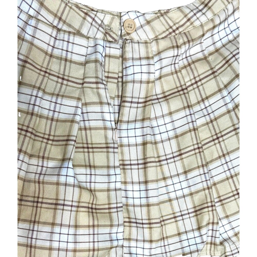 Beige Plaid Pleated Mini Skirt M Preppy Y2K Schoolgirl Aesthetic - Picture 6 of 7